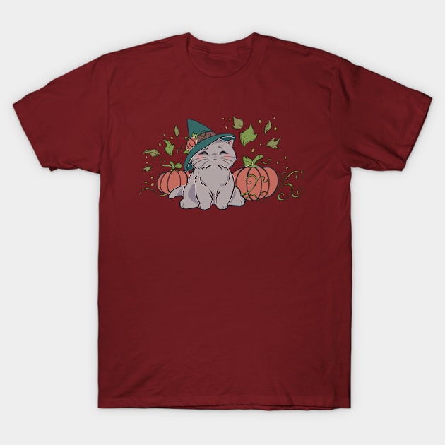 White Autumn Pumpkin Cat T-Shirt by Thirea